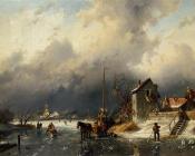 查尔斯 亨利 约瑟夫 雷克尔特 : A Frozen River Landscape with a Horsedrawn Sleigh